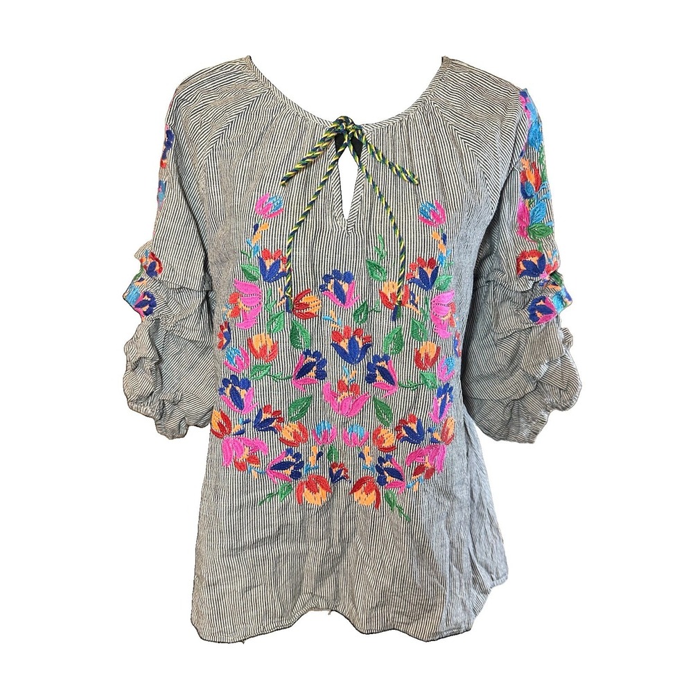 See And Be Seen Women's LARGE‎ Striped Floral Embroidered Boho Tassel Top Blouse